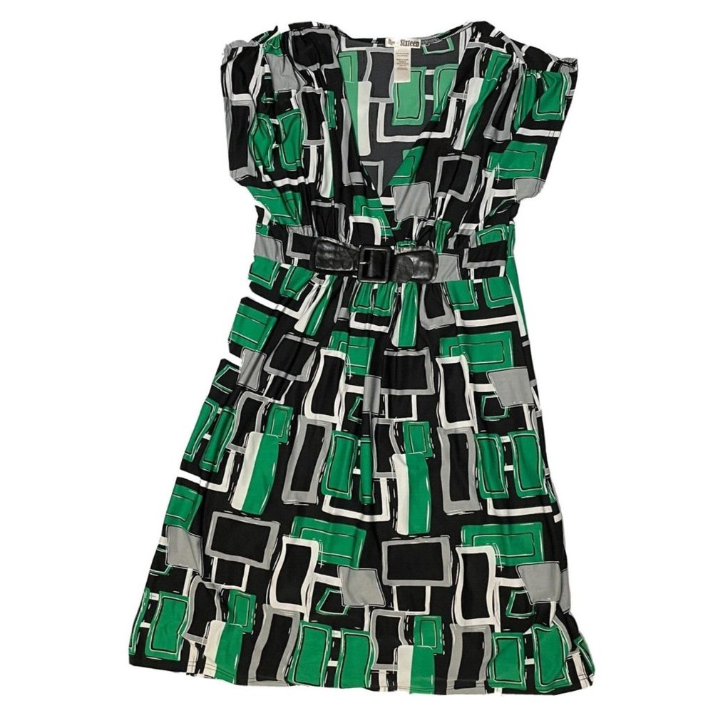 Sixteen Women Multicolor Polyester Short Sleeve V-Neck Knee Length Dress Size XL